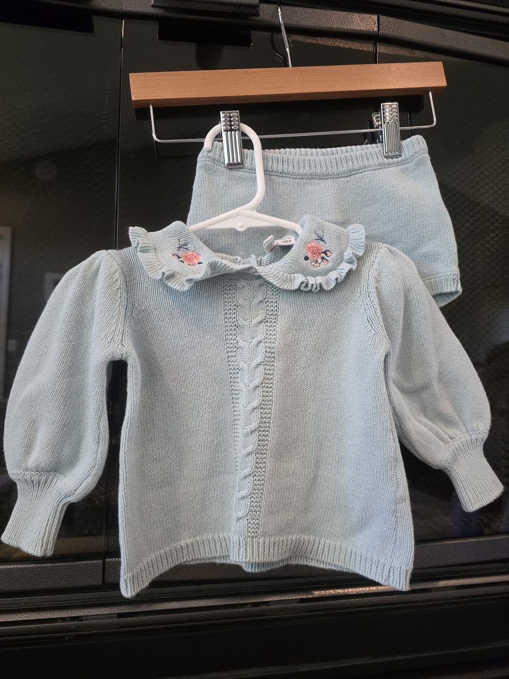 Janie & Jack Light Blue Knit Sweater Set with Floral Collar Size 6 To 12 Months